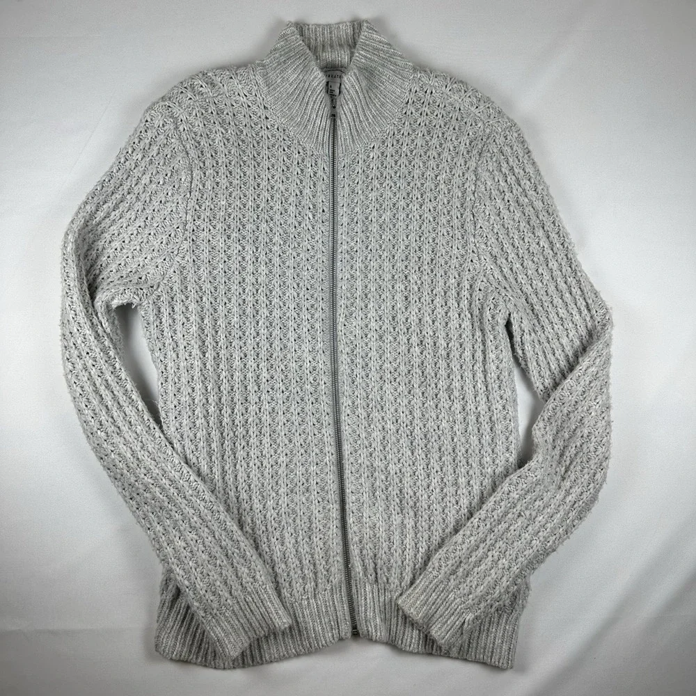 Calibrate Full Zip Sweater Mens Medium Gray Waffle Knit Merino Wool Alpaca Blend